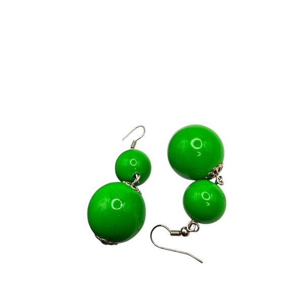 Pierced Earrings Chunky Beaded Lime Green Dangle Filigree Silver Tone Spacers - Picture 3 of 5